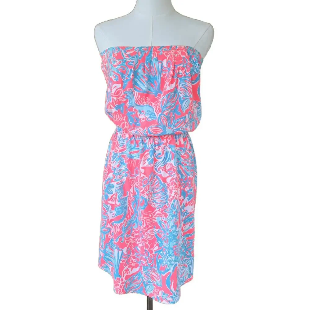 Lilly Pulitzer Windsor Strapless Mini Dress Small Summer Siren Pink Blue Beach - Picture 2 of 8